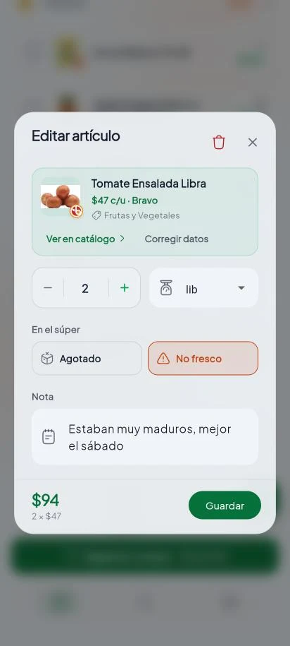 La hoja para editar un artículo, con las opciones Agotado y No fresco y una nota.