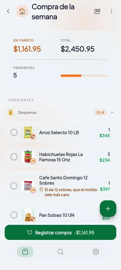 Una lista con el total, lo que va en el carrito y lo pendiente por categoría.