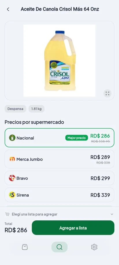 Un aceite con su precio en Nacional, Merca Jumbo, Bravo y Sirena, con el mejor precio marcado.