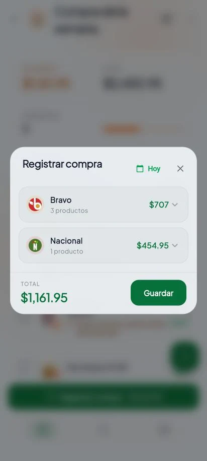 La ventana para registrar una compra, separada por Bravo y Nacional con su total.